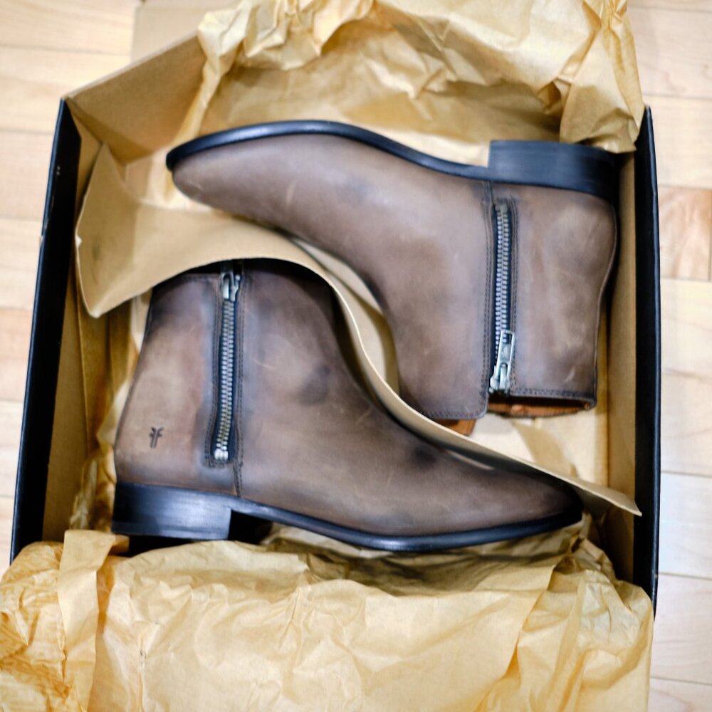 FRYE Carly Double Zip Chelsea Boots Smokey Brown Gray